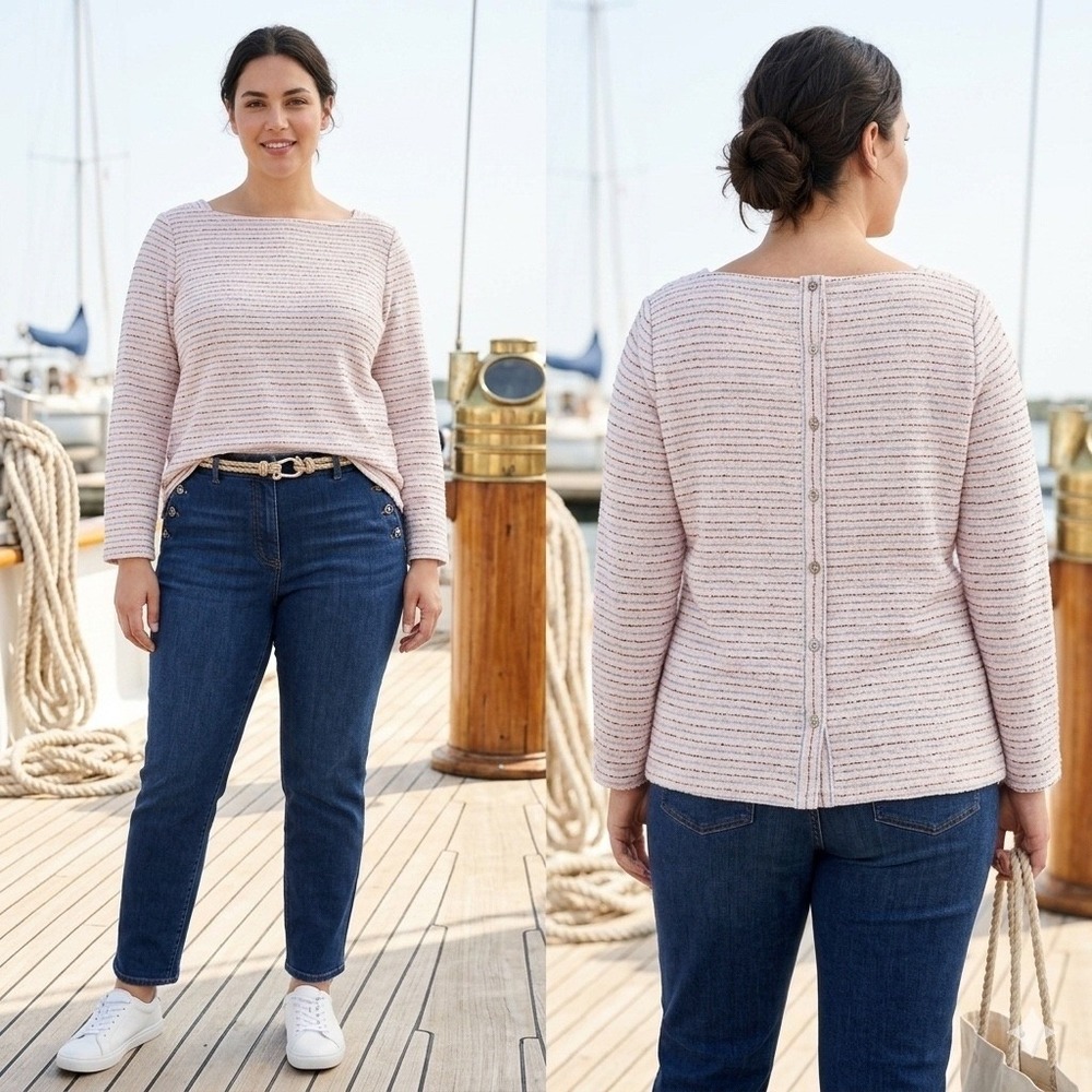 Womens Classic Striped Boat Neck Button Back Knit Top Pink Blue Talbots XL